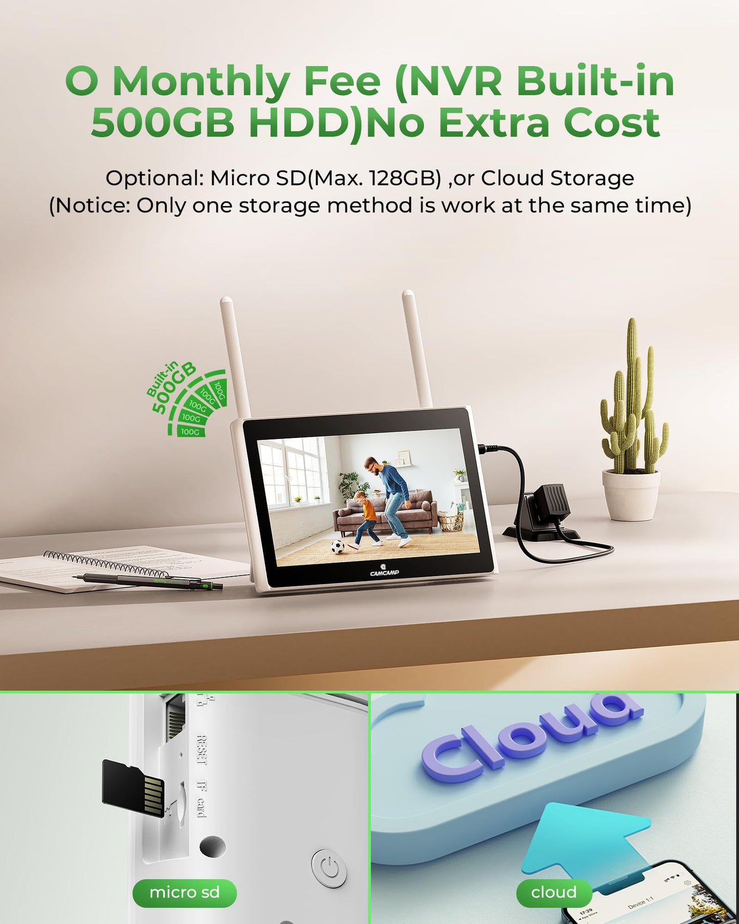 CAMCAMP Solar Security Cameras Wireless Outdoor with 10" Monitor, 10CH NVR 2K Solar Home Security Camera System with 360° Color Night Vision,2-Way Audio,500GB Local Storage,No Monthly Fee,No Need WiFi