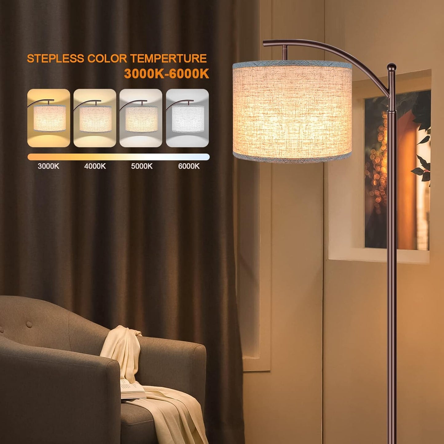 ROTTOGOON Floor Lamp for Living Room with 3 Color Temperatures LED Bulb, Standing Lamp Tall Industrial Floor Lamp Reading for Bedroom, Office (9W LED Bulb, Beige Lampshade Included) -Black