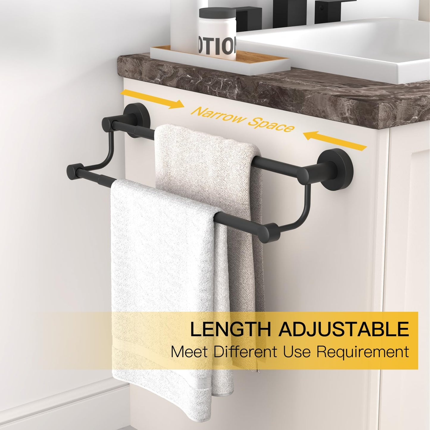 BESy Adjustable 16-26 Inches Double Bath Towel Bar for Bathroom SUS304 Stainless Steel Towel Holder, Hotel Style Wall Mount with Screws Hand Towel Bar Towel Rack Rod Hanger, Matte Black Finish