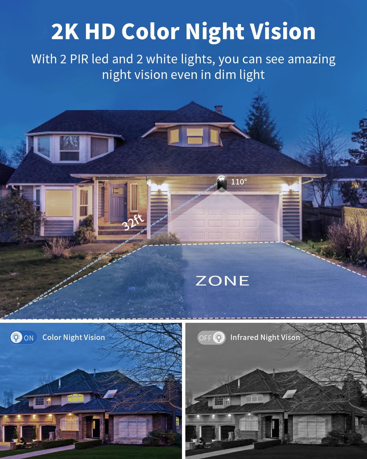 Security Cameras Wireless Outdoor, Battery Powered 2k Color Night Vision, AI Motion Detection Spotlight Siren, IP66 Weatherproof, 2-Way Talk, SD/Cloud Storage, 2.4Ghz WiFi Cameras for Home Security