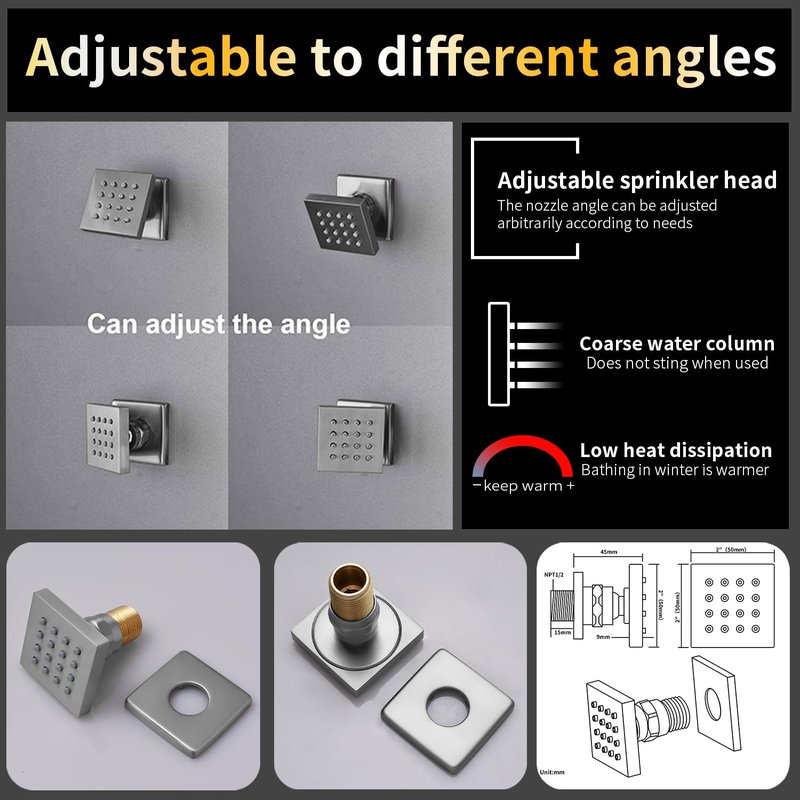 AYIVG Square Brushed Nickel 2 Inch Brass Shower Body Sprays Jet Adjustable Massage Spa Side Sprayer Massage Nozzle Wall Jets