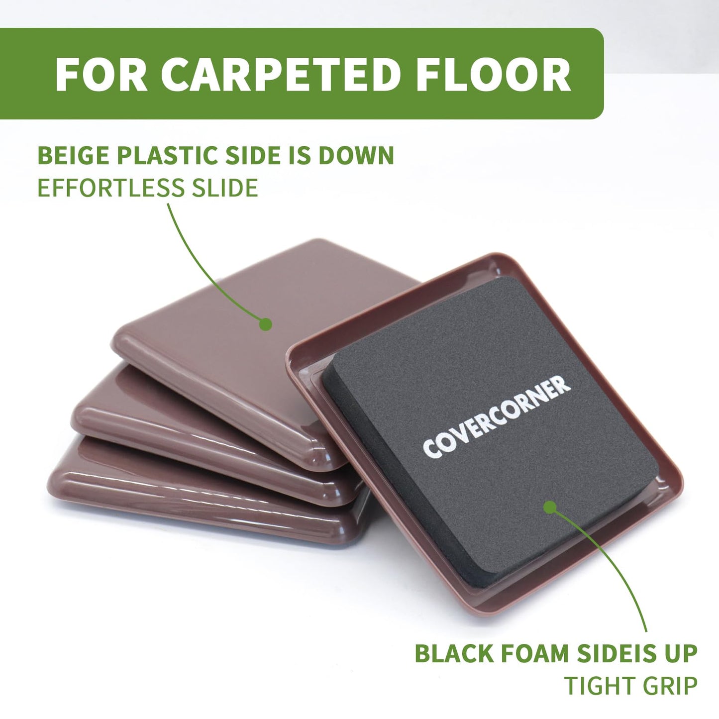COVERCORNER Furniture Sliders for Carpet 8 PCS - 3 1/2 inch Furniture Moving Slider Chair Legs Floors Protectors Square Furniture Movers Sliders – Move Your Furniture Easy & Safely(for Carpet)-Brown