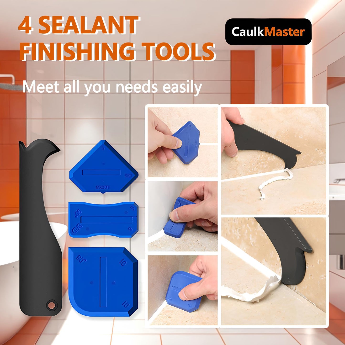 Silicone Caulking Tool Kit – Sealant Remover, Caulk Smoother & Finishing Tool, 3-in-1 Caulking Tool with 5 Pads, Steel Scraper & Corner Tools for Bathroom, Kitchen, Tile, Sink, Wall, Window, Bathtub