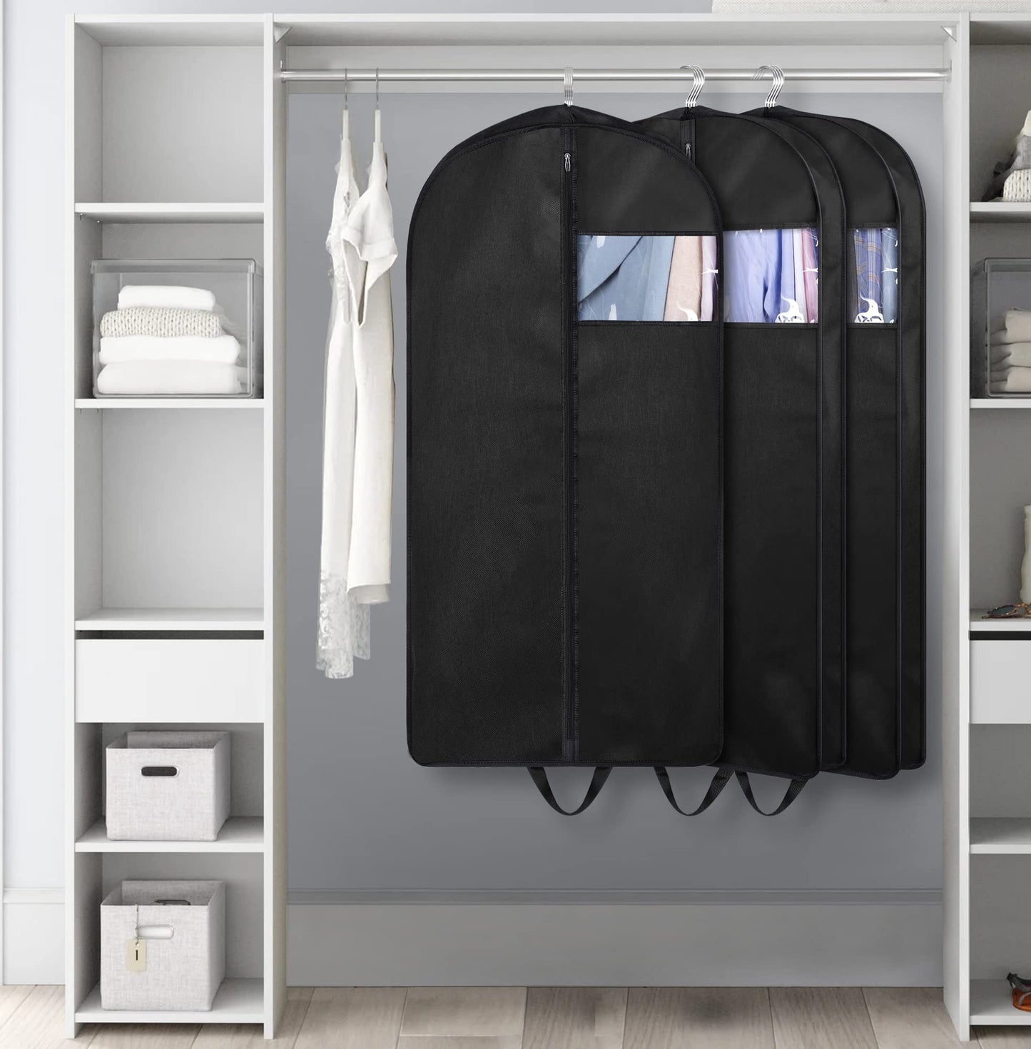 KIMBORA 43" Suit Bags for Closet Storage and Travel, Gusseted Hanging Garment Bags for Men Suit Cover With Handles for Clothes, Coats, Jackets, Shirts(3 Packs)
