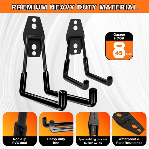 Jikro 10-Pack Heavy Duty Garage Wall Hooks – Utility J Hooks for Hanging Ladders, Bikes, Power Tools with Anti-Slip Coating