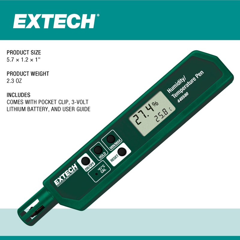 Extech 445580 Humidity and Temperature Pen with Fast Response Sensor, Min/Max Memory, Dual LCD, Pocket-Sized Hygrometer for HVAC, Labs, Storage Rooms, Indoor Air Monitoring