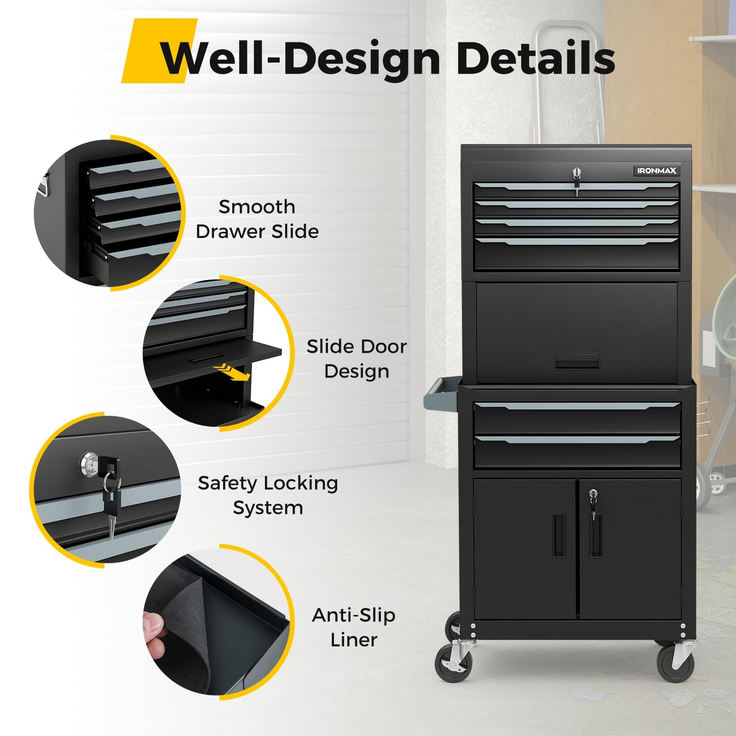 Goplus Tool Chest, 6 Drawers 3-in-1 Extra Large Tool Storage Cabinet with 4” Universal Lockable Wheels, Auto Lock, Protective Liner, Heavy Duty Rolling Tool Box for Garage, Workshop