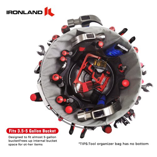 IRONLAND Bucket Tool Organizer Fit 3.5-5 Gallon Bucket, 51 Pockets, Bucket Tool Caddy Organization for Garden, Construction, Carpenter, Electrician, Builder Red & Black