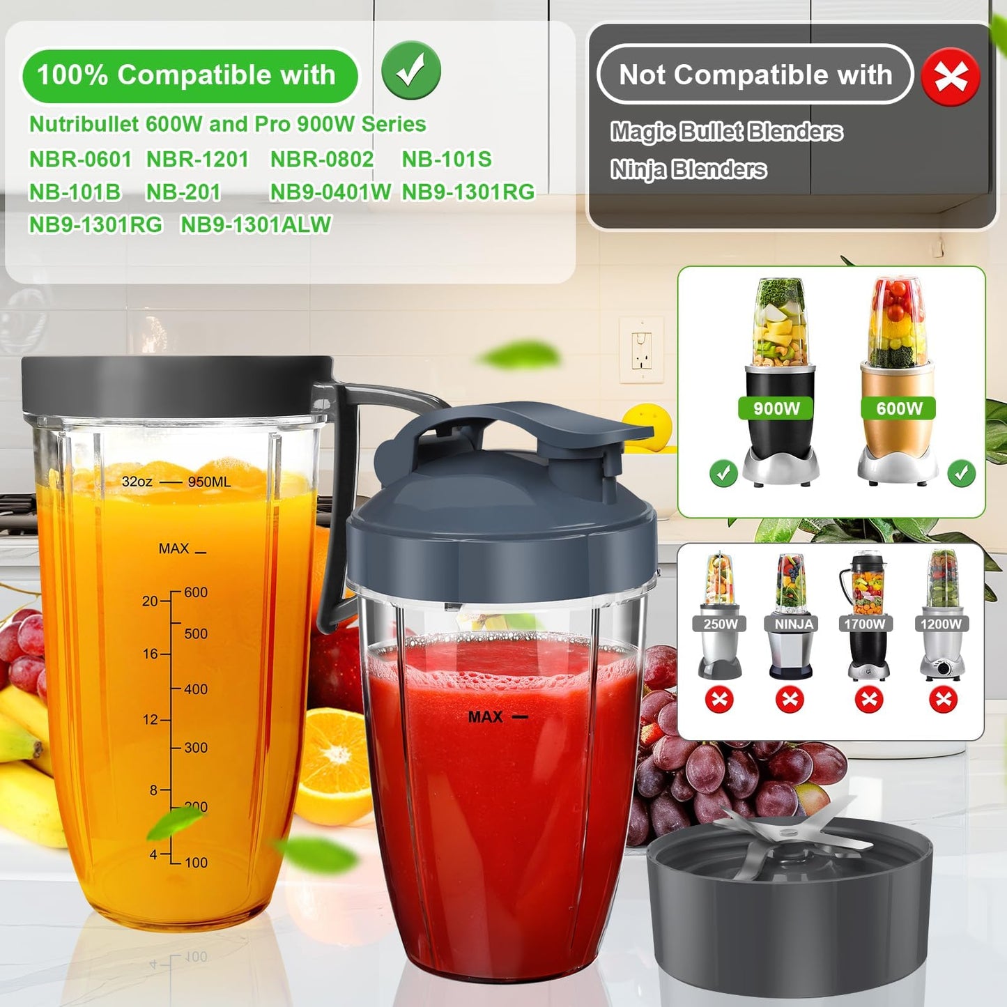 Nutribullet Blender Cups & Blade Replacement Set, 32oz & 24oz Nutribullet cups with Lid To-Go Lid and Lip Ring, Replacement Cups for Nutri Bullet Blenders 600w & Pro 900w Accessories 6 PCS