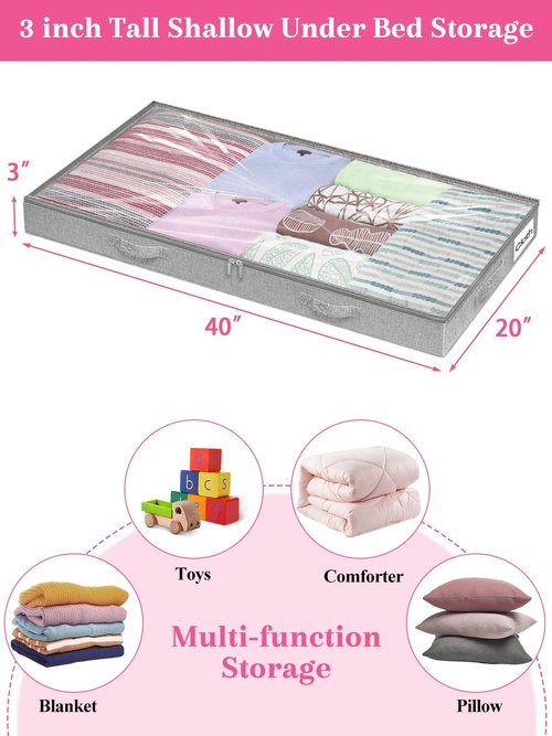 Low Profile Under Bed Storage, 3 Inches High Underbed Storage Containers Bins, NO STRUCTURE, Foldable Clothes Storage and Organizer with Lid & Zipper, Shallow Storage for Low Bed Couch Crib, 2-Pack