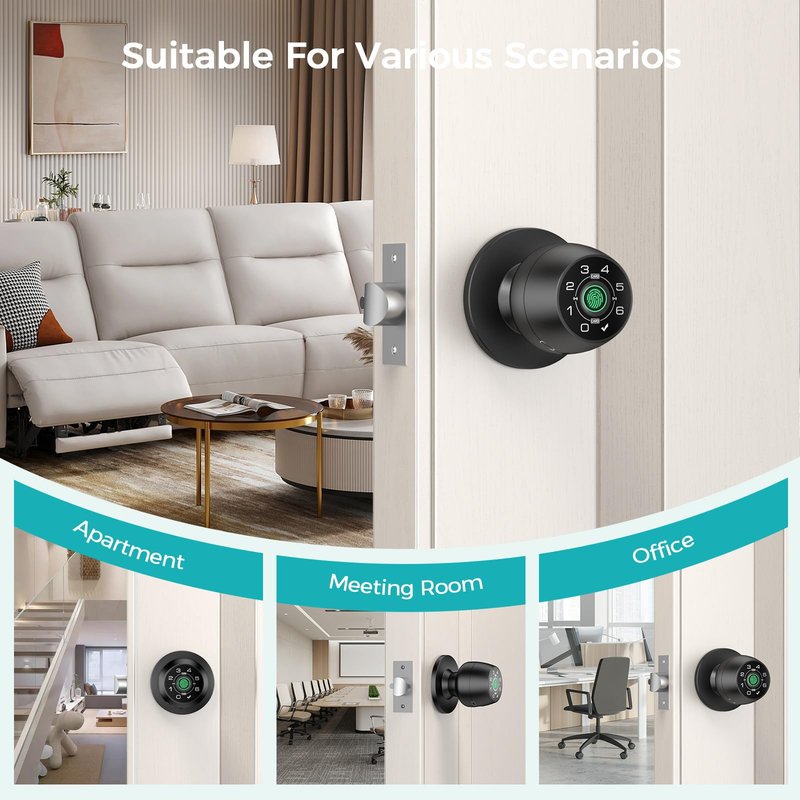 Fingerprint Door Lock,Fingerprint and Keypad Input Smart Door knob, App Controlled Biometric Door Lock, Keyless Entry, Bedroom, Office, Hotel, Apartment Auto Door knob(Matte Black)-HL-3