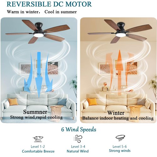 JSAITEE Ceiling Fans with Lights, 52 Inch Low Profile Ceiling Fan with Light and Remote Control, Flush Mount, DC Reversible Motor, Noiseless, Brown 6 Speeds Ceiling Fan for Bedroom