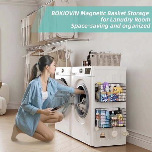 BOKIOVIN 1-Pack Magnetic Laundry Basket Organizer Storage,Magnetic Shelves for Washer Dryer Organizer,Hanging Laundry Basket for Washing Machine(Black)