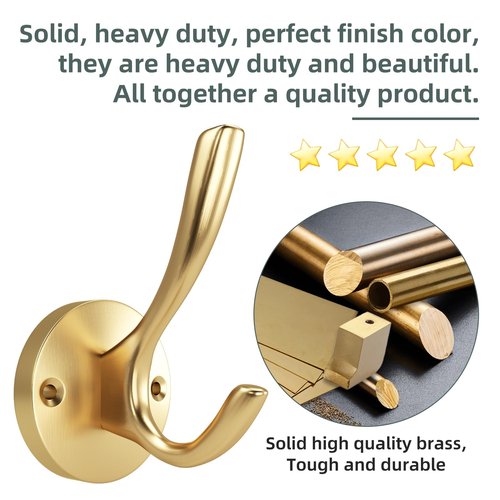 ZUONAI Metal Gold Hooks 2 Pack Brushed Gold Bath Hooks for Towels Heavy Duty Metal Coat Hook for Hanging Coats and Hat Wall Mounted Towel Hanger for Bathrooms Clothing Double Hanger for Bedroom