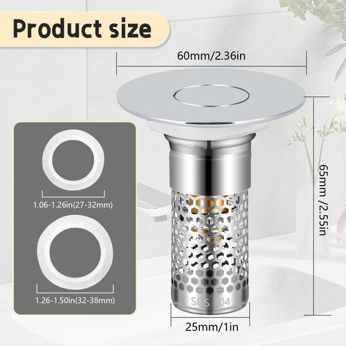 TONGDWOU 2Pack Bathroom Sink Stopper 1.06"-1.50", Universal Bathroom Sink Drain Pop Up Stopper for US Bathroom Sink Stainless Steel Floor Drain Filter, U.S. Standard Universal Drain Filter (Silver)