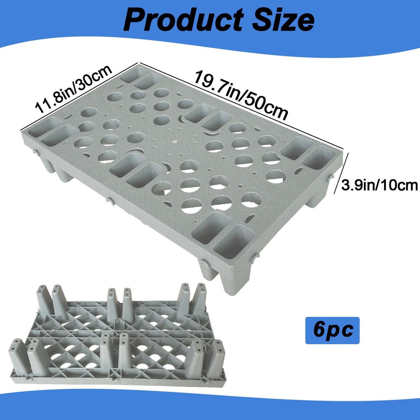 6 Pcs Grey Plastic Pallet, Lightweight Waterproof Floor Pallets, Interlocking with Breathable Grids Storage Pad, for Garages, Basement, Supermarket, Indoor and Outdoor
