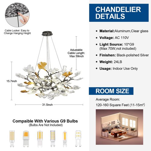 Modern Chandelier for Dining Room, Modern D31.5" Ginkgo Leaf Black Tree Branch Chandelier, Farmhouse Round Chandeliers Over Dining Table, Glass Lights for Living Room Bedroom Kitchen Island, 10-Light