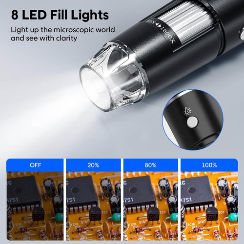 USB Digital Microscope, 50x-1600x Magnification Handheld, 1440P HD 8 LED Lights, Portable Pocket Microscope, Compatible with iOS and Android Devices, 2MP Magnifier Microscopes Camera for Adults, Kids