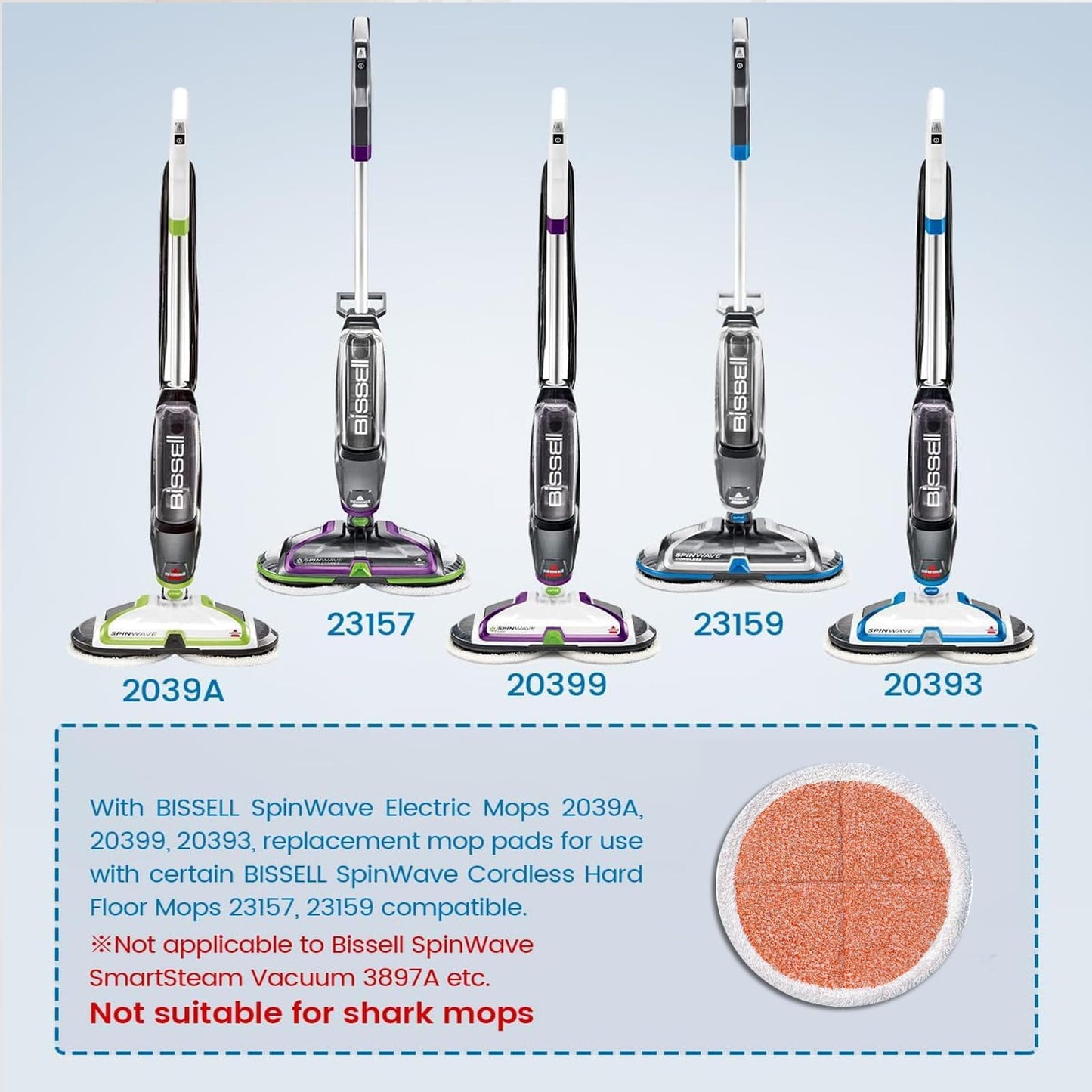 BIHARNT 6 Pack Spin-Wave Mop Replacement Pads Compatible with Bissell Spin-Wave 2039,2039A,2124,2307,23157,20391,20399 Series Steam Mop Pads for Bissell Spin-Wave Hard Floor Cleaner