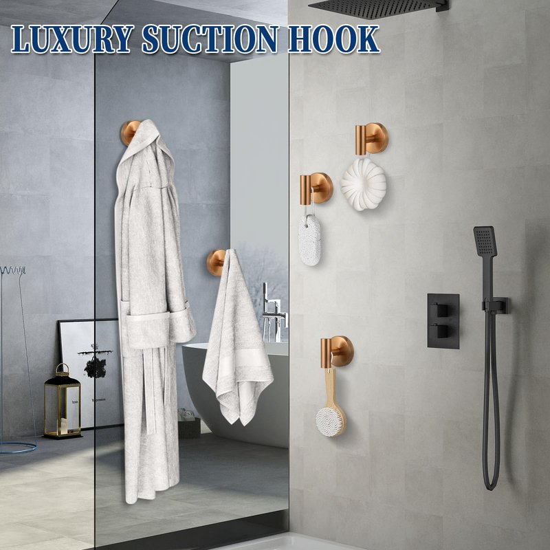 warlve Heavy Duty Reusable Suction Cup Hooks for Shower - No Drill Bathroom/Glass/Mirror/Tiles & Metal Surfaces,and Smooth Non-Porous Surfaces for Towels, Robes, Loofahs (2, Champagne Bronze)
