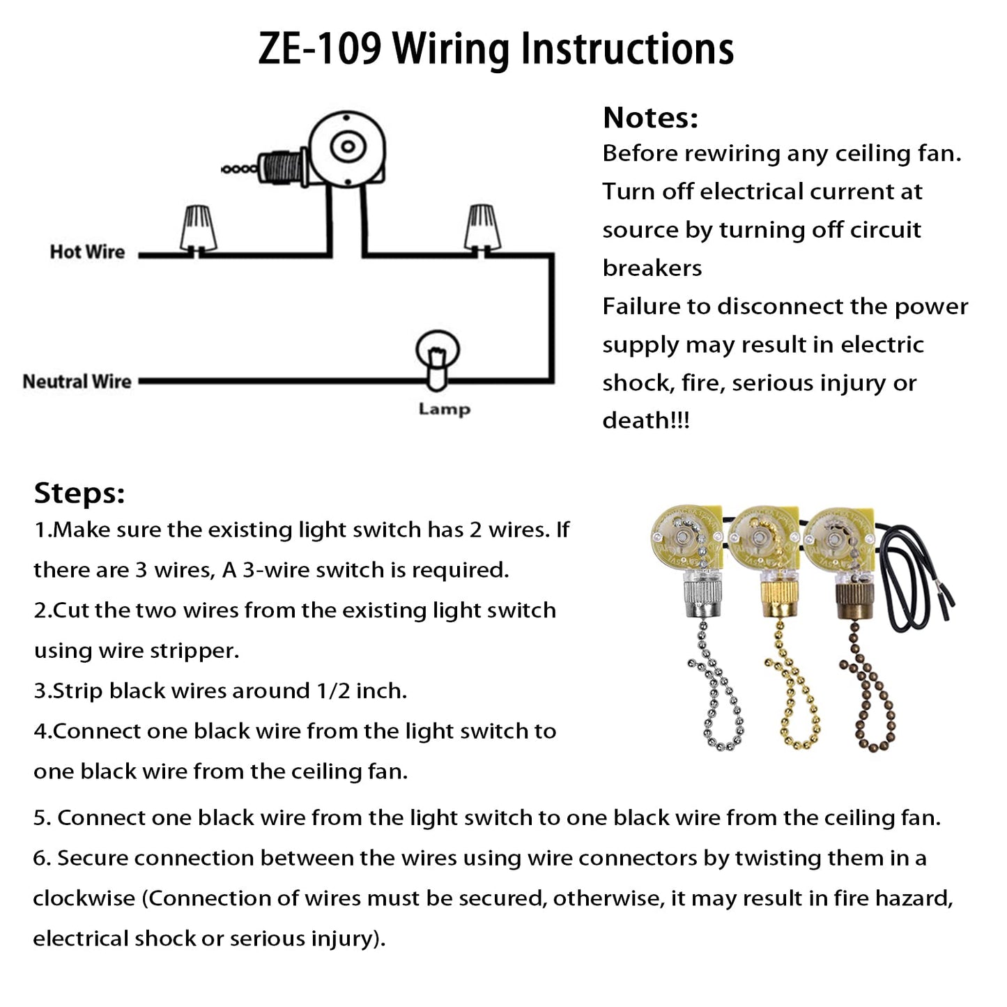 Akahttbn Ceiling Fan Light Switch Zing Ear ZE-109 Two-Wire With Pull Cords for Fans, Lamps and Wall Lights - Pull Chain Control Replacement On-Off, 2 Pcs Bronze