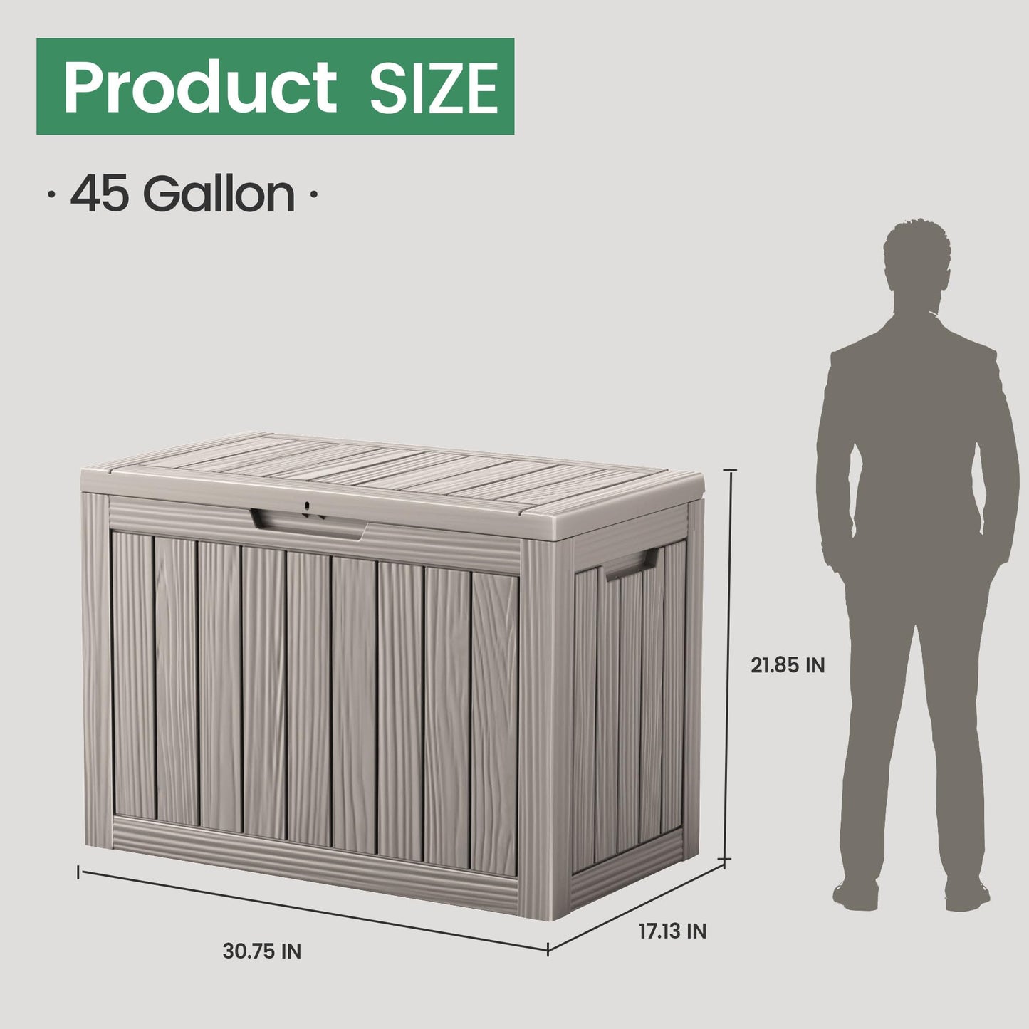 Trygoal 45 Outdoor Storage Box, Waterproof Resin Deck Box with Side Handles, Lockable Outdoor Bench for Indoor & Outdoor Use, Storage Bin for Patio Cushions, Garden Tools, Package Delivery, Grey