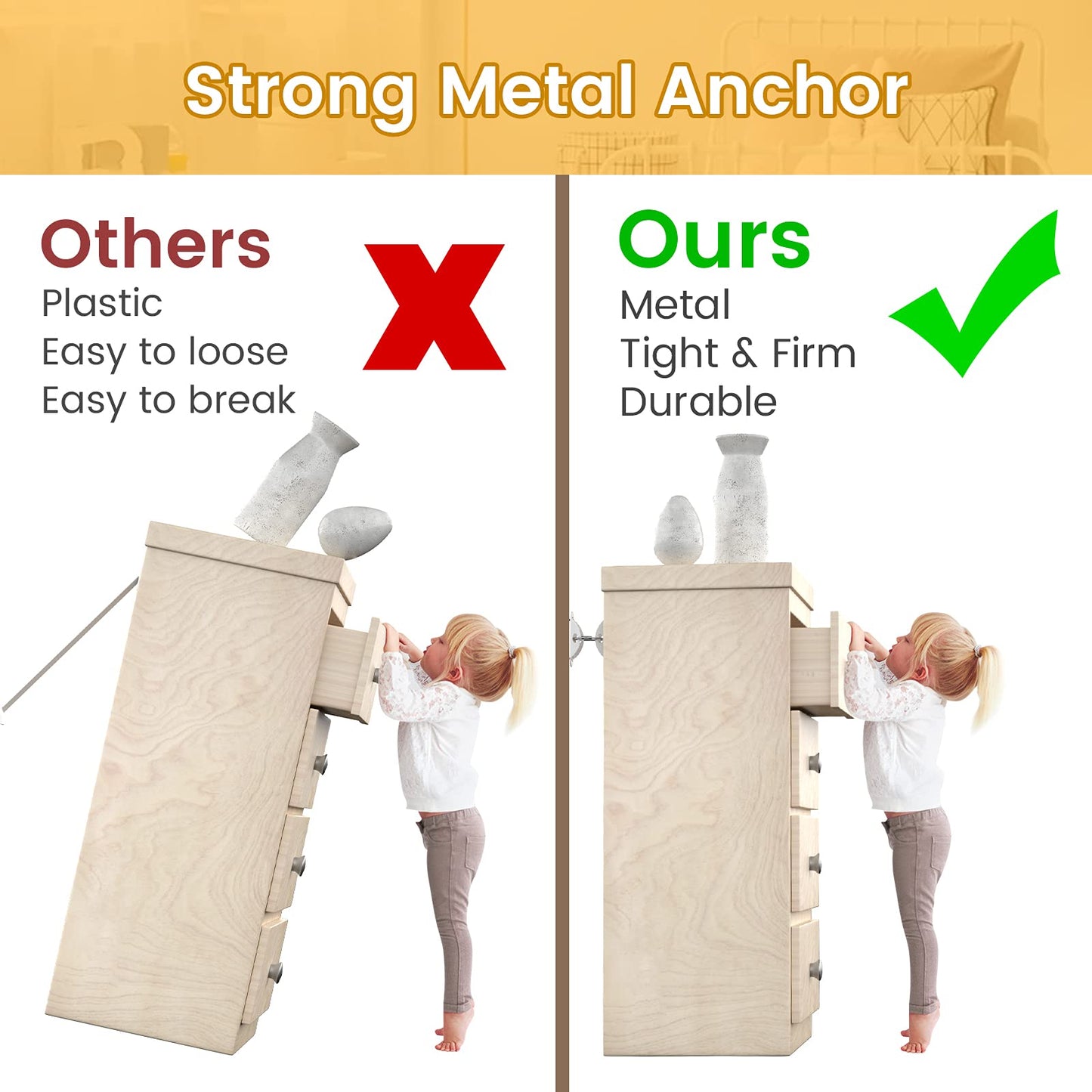 Booda Brand Furniture Anchors (10 Pack) for Baby Proofing, Furniture Straps Anti Tip Furniture Anchor Securing 400 lbs/Keep Baby Pet Safety from Falling Furniture, Metal White Earthquake Straps