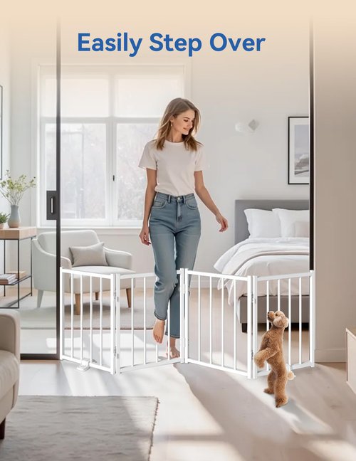 BFNN Free Standing Foldable Dog Gate, 16.5" High Step-Over Metal Short Pet Gate, Up to 48" Wide Puppy Fence for Stairs and Doorways, Indoor & Outdoor Use, No Drilling and No Assembly, White