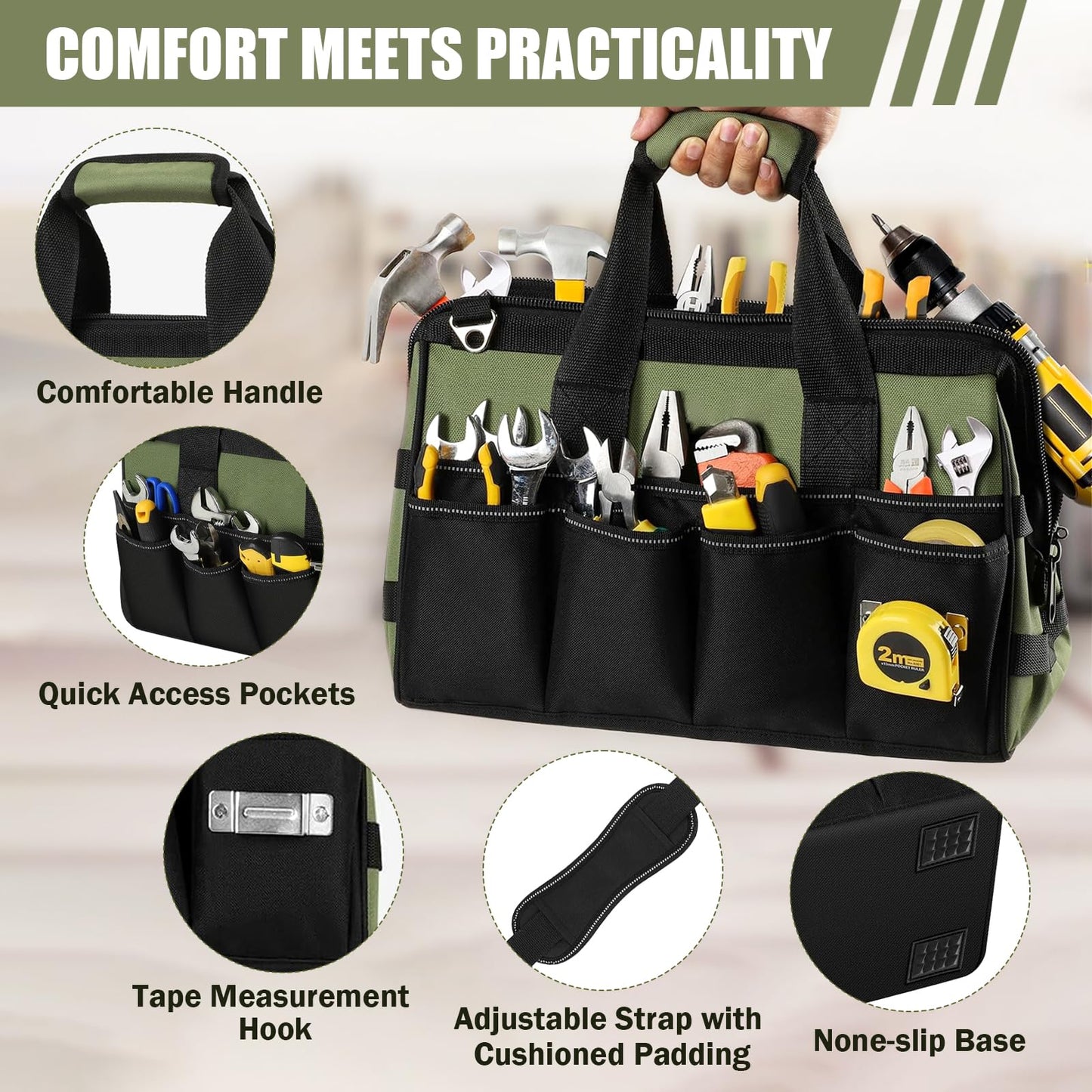 magictaill Heavy Duty Tool Bags, 15.5Inch Portable Wide Mouth Tool Box Organizer with 16 Pocket, Soft Handle with Adjustable Shoulder Strap Toolbag Father Day Dad Men Mechanic Birthday Gift