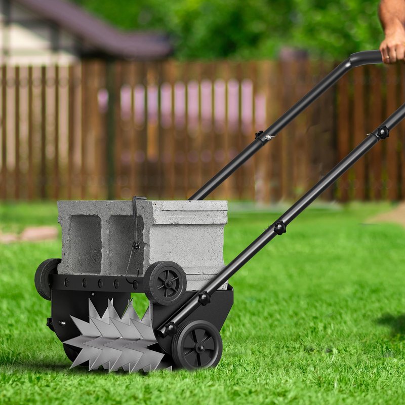 Lineware 18-Inch Lawn Aerator,Heavy Duty Push Spike Aerator with 4 Wheels,Aerator Lawn Tool with Steel Handle, Manual Aerator Lawn Tool with Foam Armrests, Suitable for Lawn, Garden and Yard
