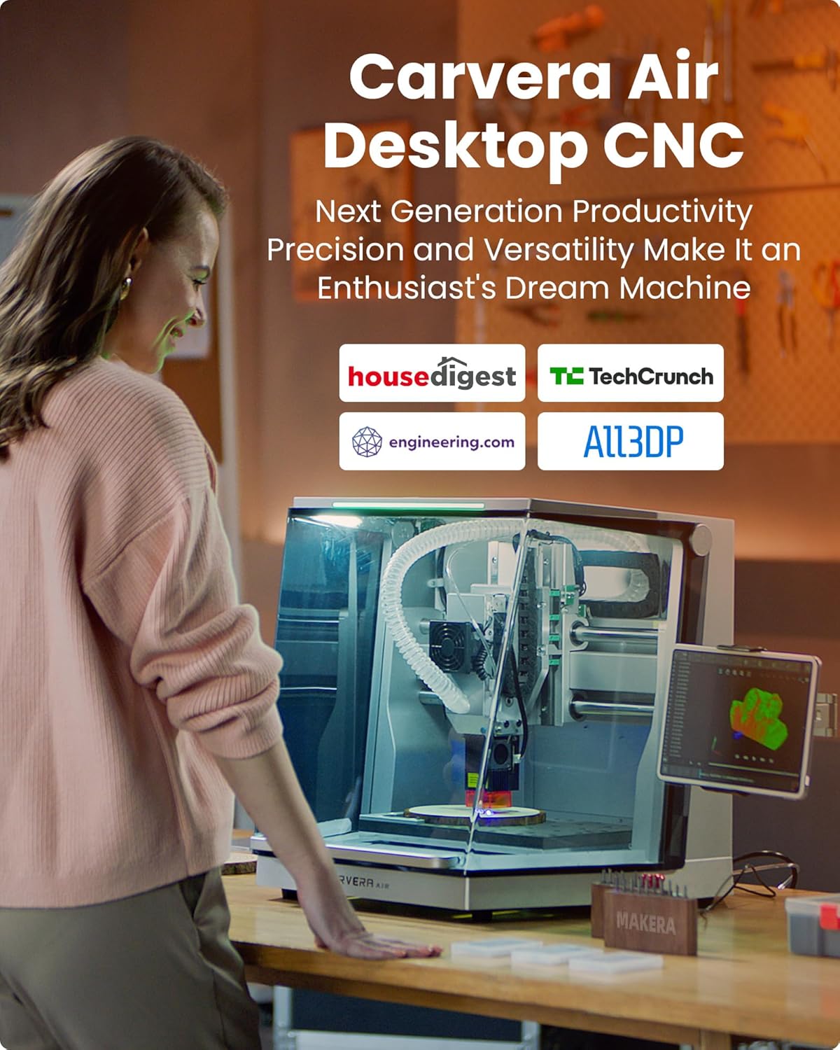 Carvera Air Desktop CNC Machine with 4th Axis and Add-on Module by Makera, Compact Enclosed Mini CNC Router, Quick Tool Changer Closed-Loop Control, User-Friendly CAM for Milling,Cutting, DIY, Crafts