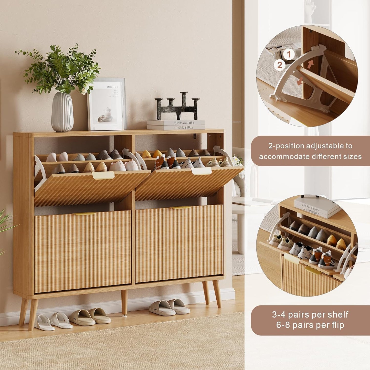 Narrow Shoe Storage Cabinet, Freestanding Shoe Cabinet Organizer for Entryway, Hallway (Oak, 4 Flip)