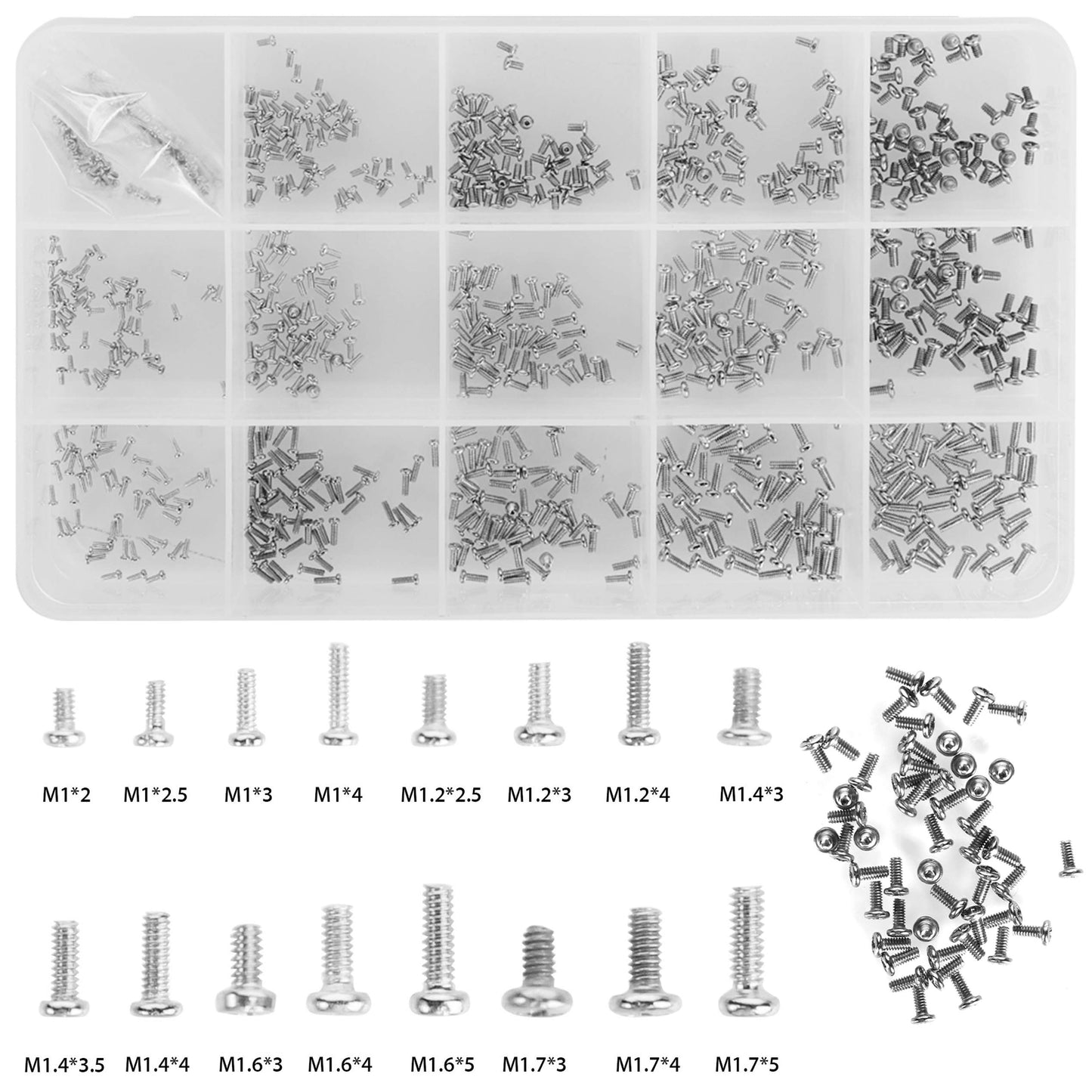 HanTof 800pcs Tiny Screws for Electronics, M1/M1.2/M1.4/M1.6/M1.7 Very Small Phillips Pan Head Machine Screws, Micro screws, Mini Screws Assortment Kit for Electronic Repair,Nickel-Plated Carbon Steel