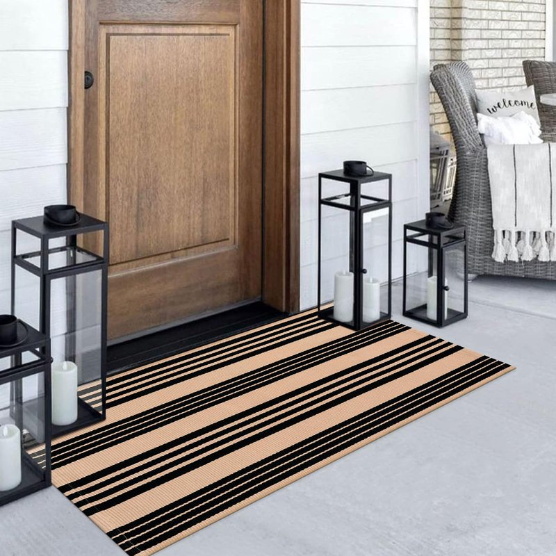 Black and Tan Striped Outdoor Rug, 2’ x 4.3’ Cotton Hand-Woven Reversible Front Porch Rug Washable Front Door Mat Entryway Rugs Welcome Layered Doormat Carpet for Patio Farmhouse Kitchen
