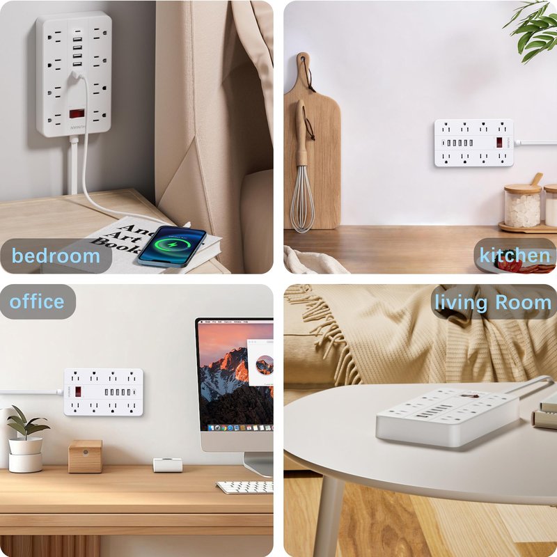 Power Strip with USB, Flat Plug Extension Cord with Multiple Outlets 5 Ft, HUNIAN Power Strip with 8 Widely Spaced Outlets 6 USB Charger (1 USB C Port), Desk Charging Station for Home Office, White