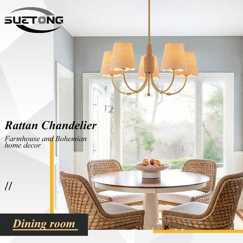 SUETONG Boho Rattan Chandelier, Antique Brass Farmhouse Chandeliers, 5-Lights Coastal Pendant Light Fixtures for Dining Room Kitchen Island Living Room
