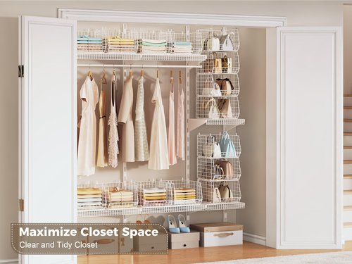 4" Extra Deeper Foldable Hanging Closet Organizer, Small Wire Cabinet Shelves and Storage with 5 S Hooks,4 Tier Metal Basket Bins for Clothes Sweaters Handbags, Wardrobe for Kitchen Laundry Room,White