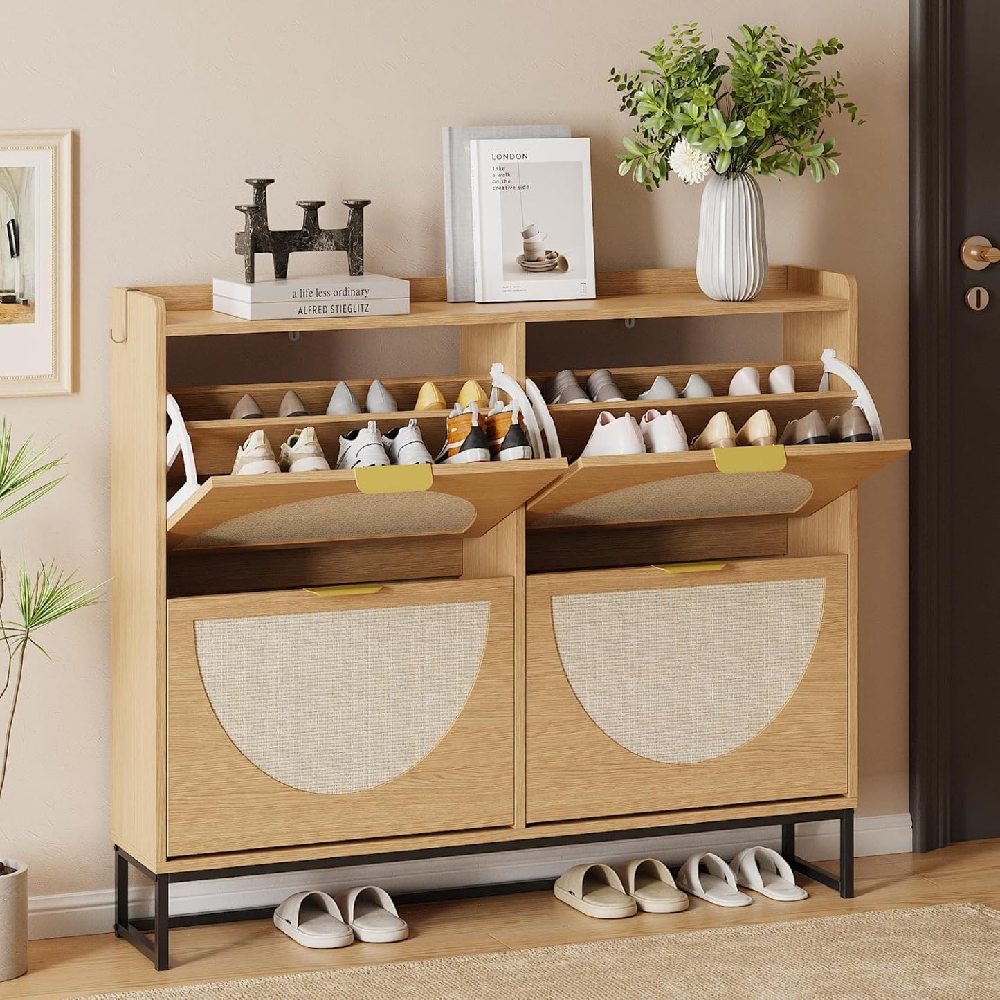 Narrow Shoe Storage Cabinet, Freestanding Shoe Cabinet Organizer for Entryway, Hallway (Oak, 4 Flip)