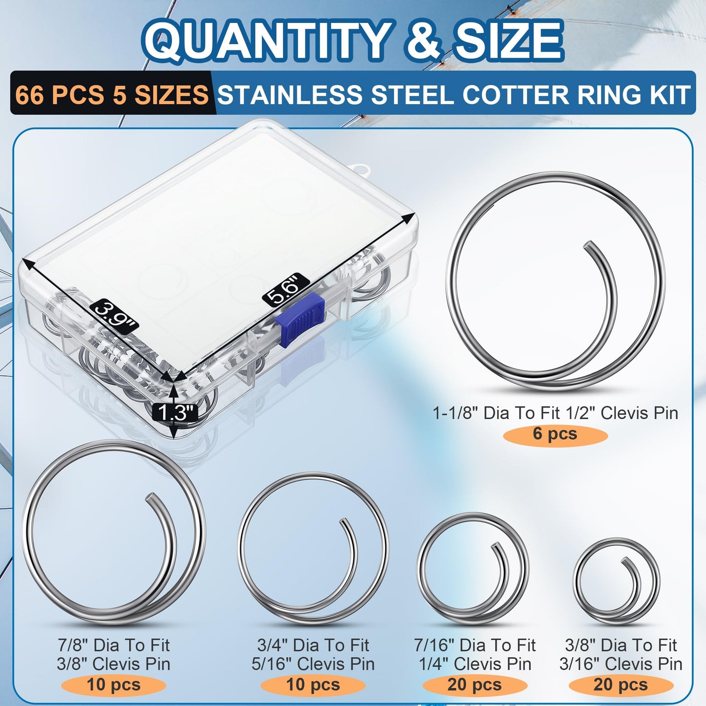 Dunkive 66 Pcs 5 Sizes Stainless Steel Cotter Ring Kit, Durable 316 Stainless Steel Split Rings Secure Popular Sizes of Clevis Pins, Corrosion Resistant Marine Hardware for Hitch Pin Lock Systems