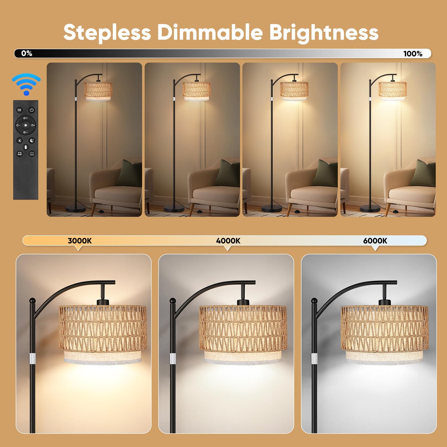 ROTTOGOON Rattan Floor Lamps for Living Room, Boho Standing Lamps with Rattan& Linen Double Shades, Arc Lamps Floor Standing with 9W Bulb, Foot Switch, Bohemian Floor Lamps for Bedroom, Office-Drum