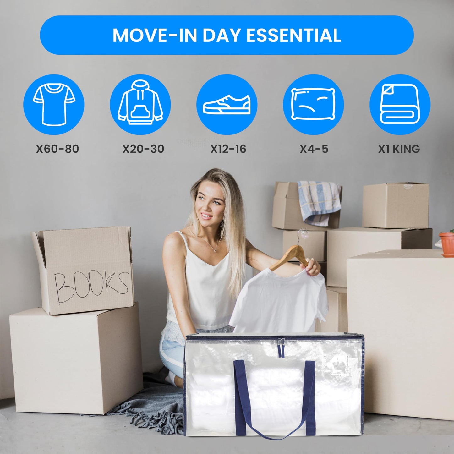Simple Deluxe 8 Pack Heavy Duty Moving Bags with Reinforced Zippers & Comfortable Handles, Extra Large Foldable Storage Totes for Clothes, College Dorm, White