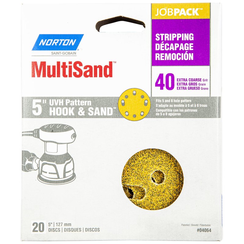 Norton MultiSand Hook and Loop Sanding Discs, Orbital Sander Sandpaper for Wood, Metal and Fiberglass, 40 Grit Sand Paper, 5 Inch Sanding Discs Hook and Loop, Pack of 20