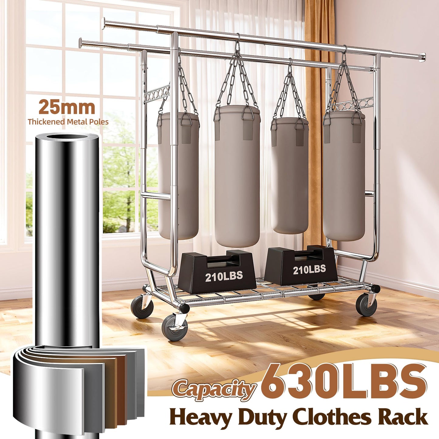 Raybee Clothes Rack Load 630LBS, Heavy Duty Clothes Rack, Rolling Clothing Racks for Hanging Clothes with Wheels, Adjustable & Commercial Garment Rack, 22" D x 75" W x 68" H