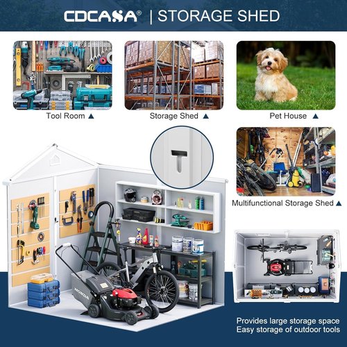 CDCASA 8x6 FT Resin Shed, Waterproof Large Outdoor Storage Sheds with Floor & Lockable Door, Plastic Tool Shed for Outside, Backyard, Patio, Poolside, Bike