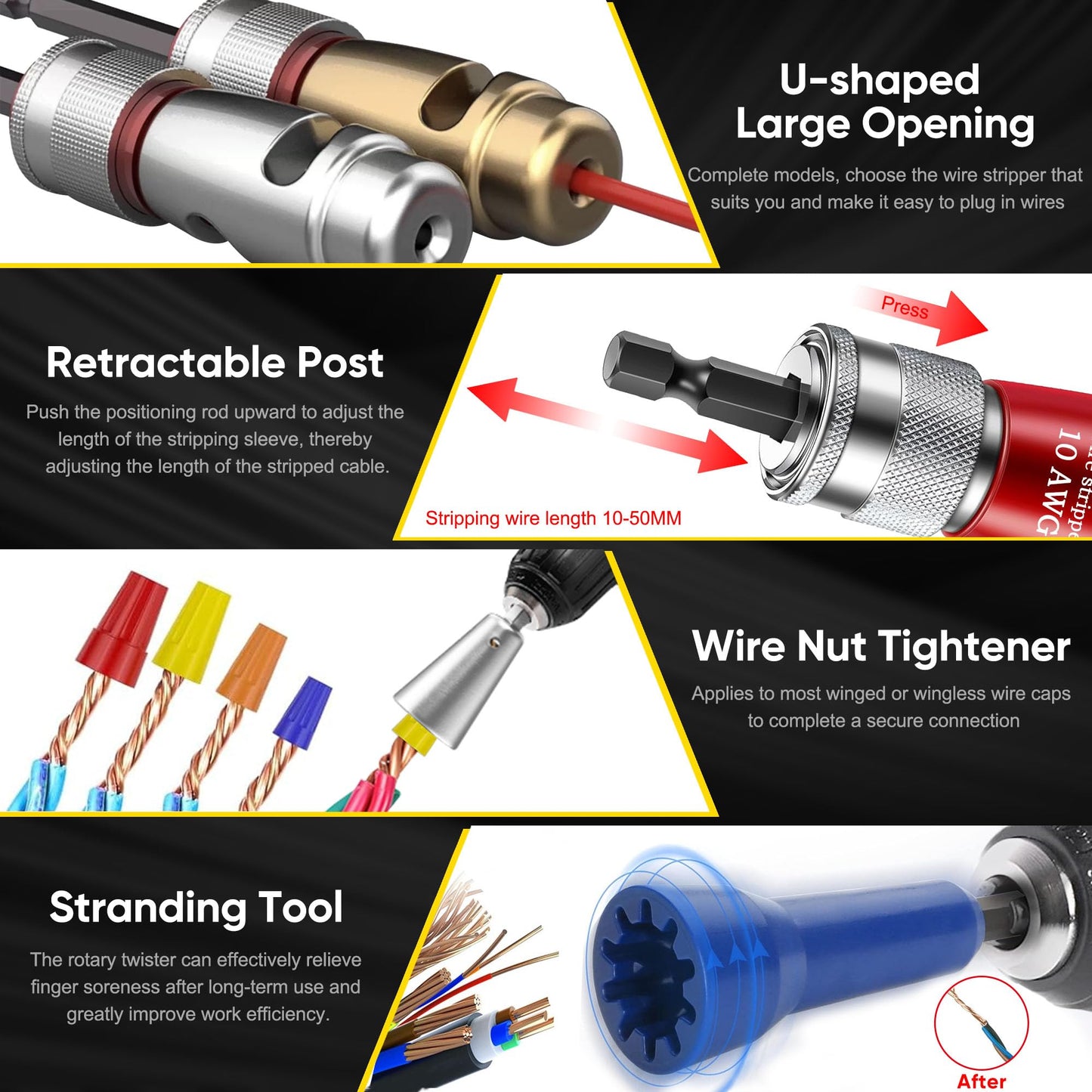 US Regulations Wire Stripping for Drill, Wire Stripping Tool & Wire Twisting Connector Set, Wire Twister Tool for Drill, 8 in 1 Quickly Drill Wire Stripping Professional Electrician Tools Set(8pcs)