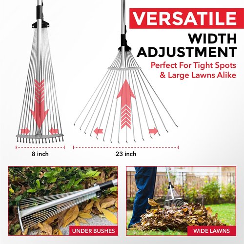 TABOR TOOLS Adjustable Metal Rake - Collapsible & Telescopic - Garden, Yard, & Lawn - Ideal for Leaves, Shrubs & Small Areas. J16A