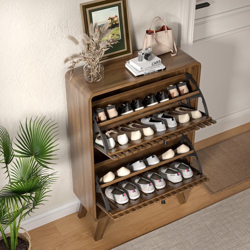 Jluomei Fluted Entryway Shoe Cabinet Storage, Wood Modern Rack Organizer with 2 Flip Drawers, Narrow Slim Shoe Organizer Cabinet for Entry Way, Wooden, Small, Hidden, Brown, Walnut