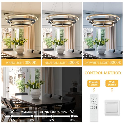 LED 3-Ring Chandelier Black Gold Chandelier Light Fixture Dimmable Round Foyer Chandeliers Modern Circular Chandeliers Light for Dining Room Entry Bedroom Office Living Room 24in