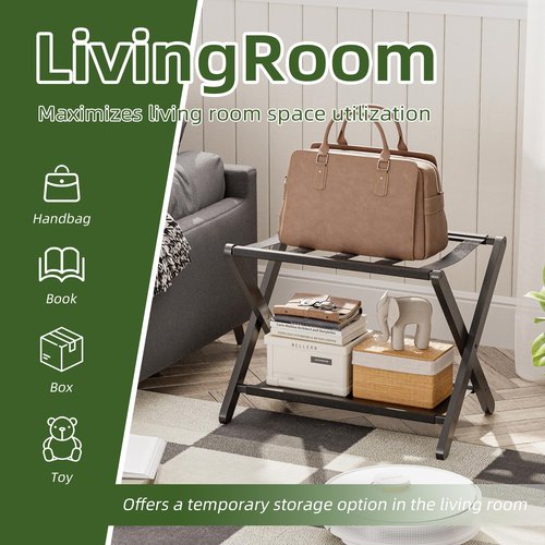 vovala Luggage Rack, Set of 2, Folding Suitcase Stand with Storage Shelf, Premium Bamboo Luggage Holder for Guest Room, Bedroom, Hotel, Closet, Holds up to 135 lb (Black)