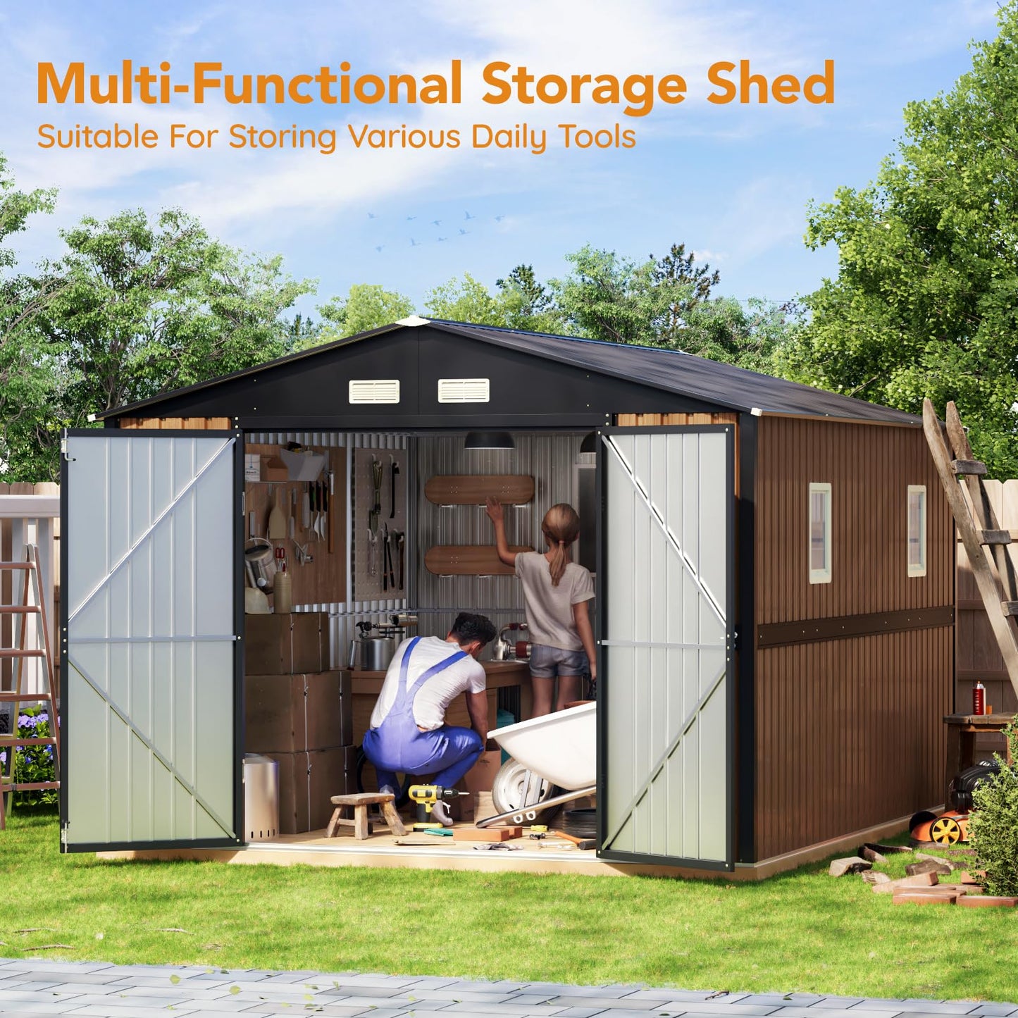 Panovue 10X12 FT Outdoor Metal Storage Shed with Lockable Doors & 2 Windows, Storage Shed Large with Metal Frame Floor for Patio Storage, Garbage Can, Chicken Coop(Wood Panels Not Included)